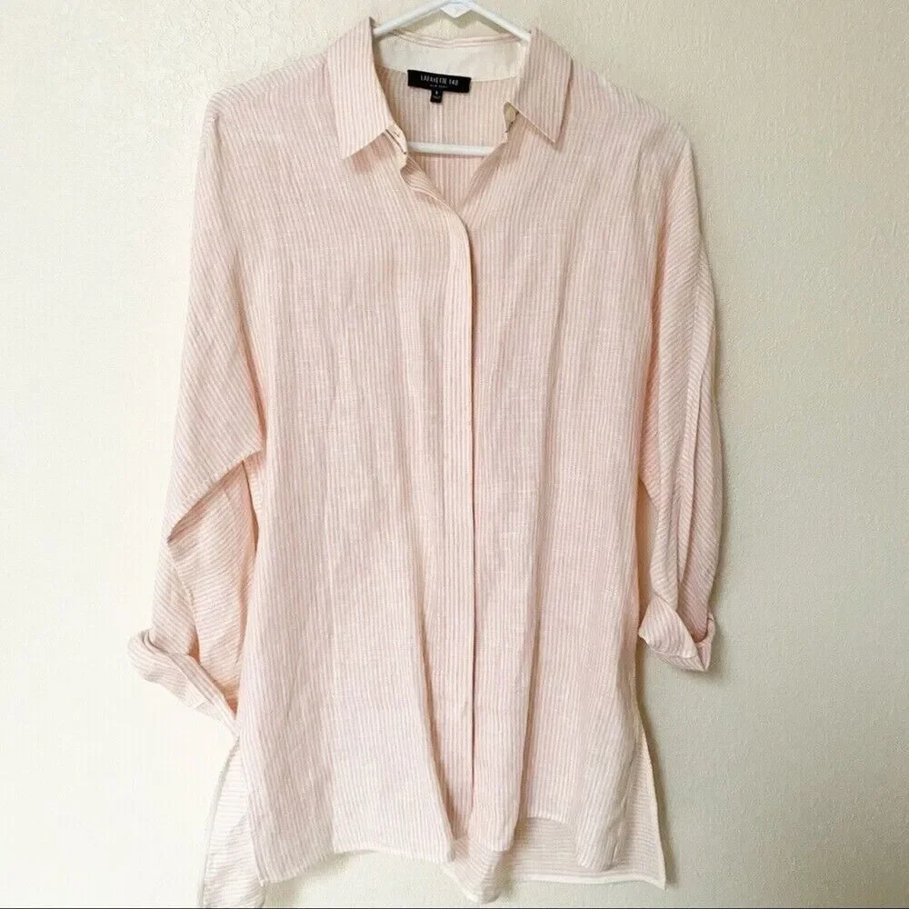 Lafayette 148 New York Size Small pink pinstripe linen‎ top collared button up - Picture 3 of 11